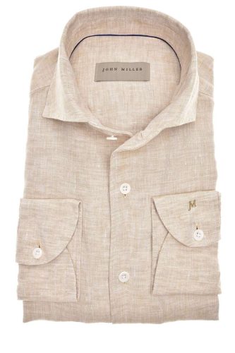 John Miller Slim Fit Linnen Overhemd lichtbruin, Effen