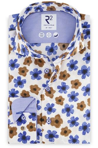 R2 Amsterdam Modern Fit Overhemd wit/blauw, Bloemen