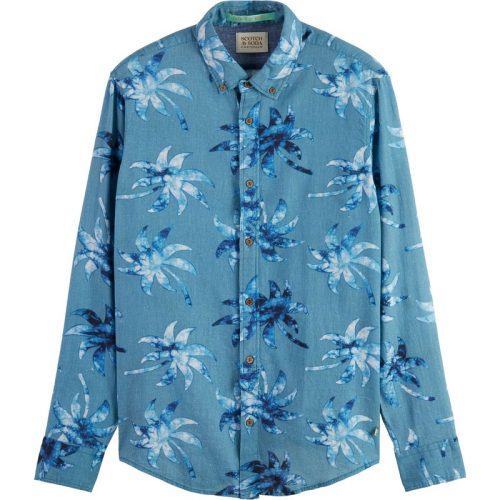 Scotch & Soda Printed linen-viscose blend shirt turquoise wax le