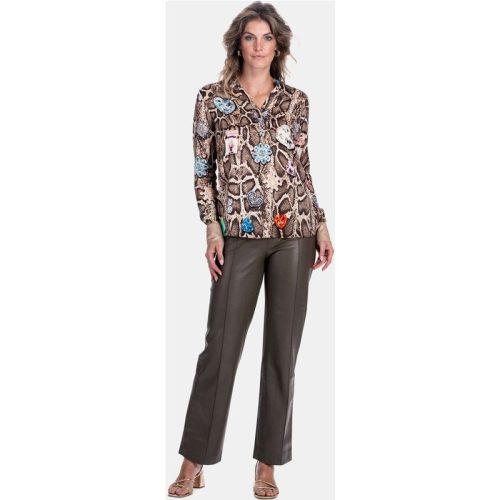 Mucho Gusto Zijden blouse blouse monza beige met slangenprint en kleurrijke broches