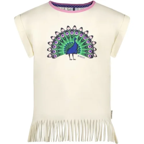 B.Nosy Meisjes t-shirt met pauw print en fraanjes cotton