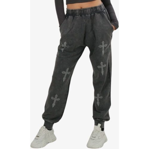 Hidden Hills Dames broek rhinestone cross sweatpants acid grey