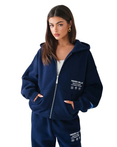 Hidden Hills Label Zip Hoodie Navy