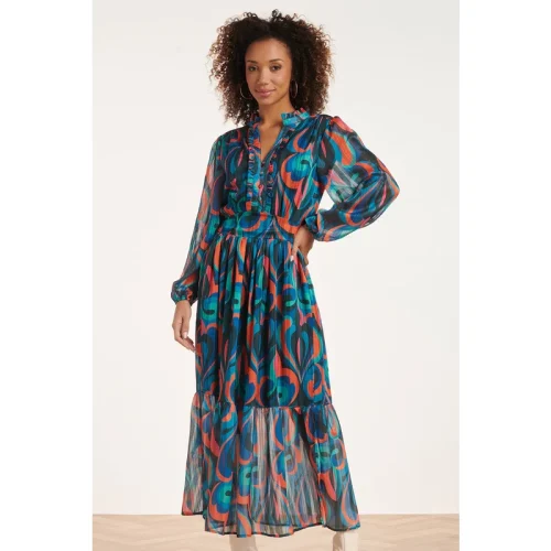 Smashed Lemon 24519 maxi-jurk met multicolor teal en oranje print