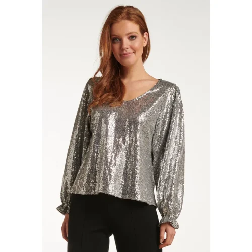 Smashed Lemon 23738-020 zilveren glitter v-hals top voor dames