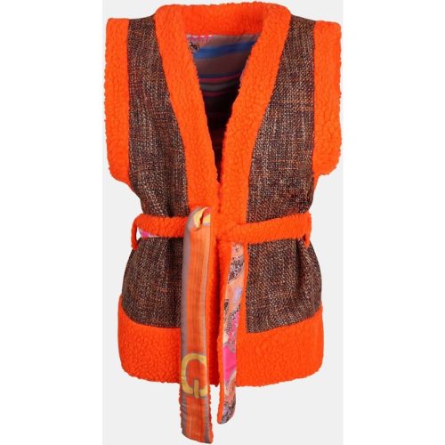 Mucho Gusto Tweezijdig draagbaar oranje tweed en teddy gilet met multicolor riemen en paisleyprint