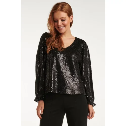 Smashed Lemon 23740-999 zwarte glitter v-hals top voor dames