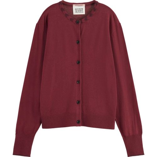 Scotch & Soda Jacquard trim crew neck cardigan bordeaux