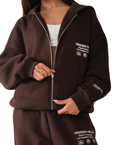 Hidden Hills Label Zip Hoodie Dark Brown