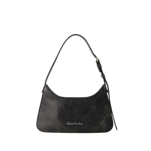 Acne Studios Shoppers – Platt Micro Crackle Hobo Bag – Leather – Black in zwart