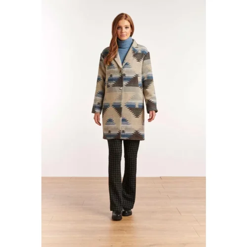 Smashed Lemon Halflang jas aztec print beige/blauw bella