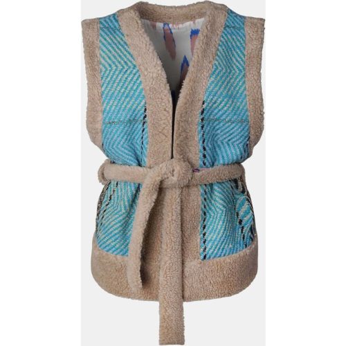 Mucho Gusto Tweezijdig draagbaar lichtblauw tweed en teddy gilet met blauwe-groene luipaardprint