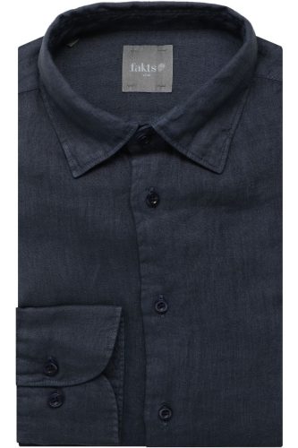 fakts Leisure Slim Fit Linnen Overhemd donkerblauw, Effen