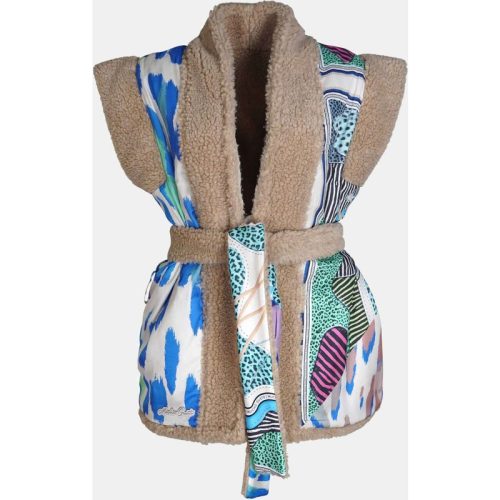 Mucho Gusto Teddy gilet reversible beige met blauw-groene luipaardprint en multicolor dieren patchwork