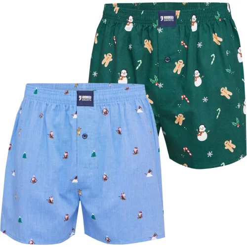 Happy Shorts Heren wijde boxershorts kerst print 2-pack lichtblauw/groen