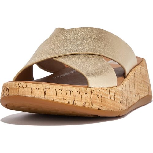 FitFlop F-mode metallic leather/cork flatform cross slides