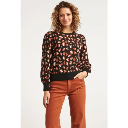 Smashed Lemon 23598 animal print gebreide top met pofmouwen in bruin